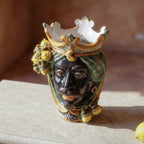 Testa di Moro with lemons, Moor male, green and orange, crown. Sicilian ceramics from Caltagirone, Sofia
