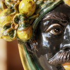 Testa di Moro with lemons, Moor male, green and orange, crown. Sicilian ceramics from Caltagirone, Sofia