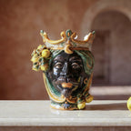 Testa di Moro with lemons, Moor male, green and orange, crown. Sicilian ceramics from Caltagirone, Sofia