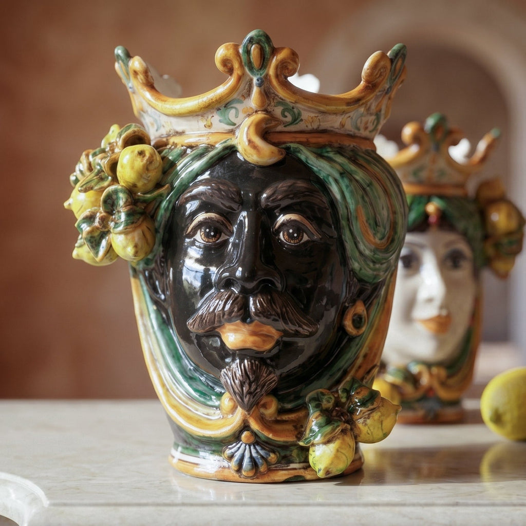 Testa di Moro with lemons, Moor male, green and orange, crown. Sicilian ceramics from Caltagirone, Sofia