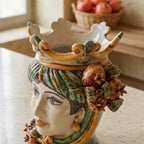 Testa di Moro with pomegranates, woman, green and orange, crown. Ceramiche Sofia, Caltagirone