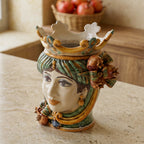 Testa di Moro with pomegranates, woman, green and orange, crown. Ceramiche Sofia, Caltagirone