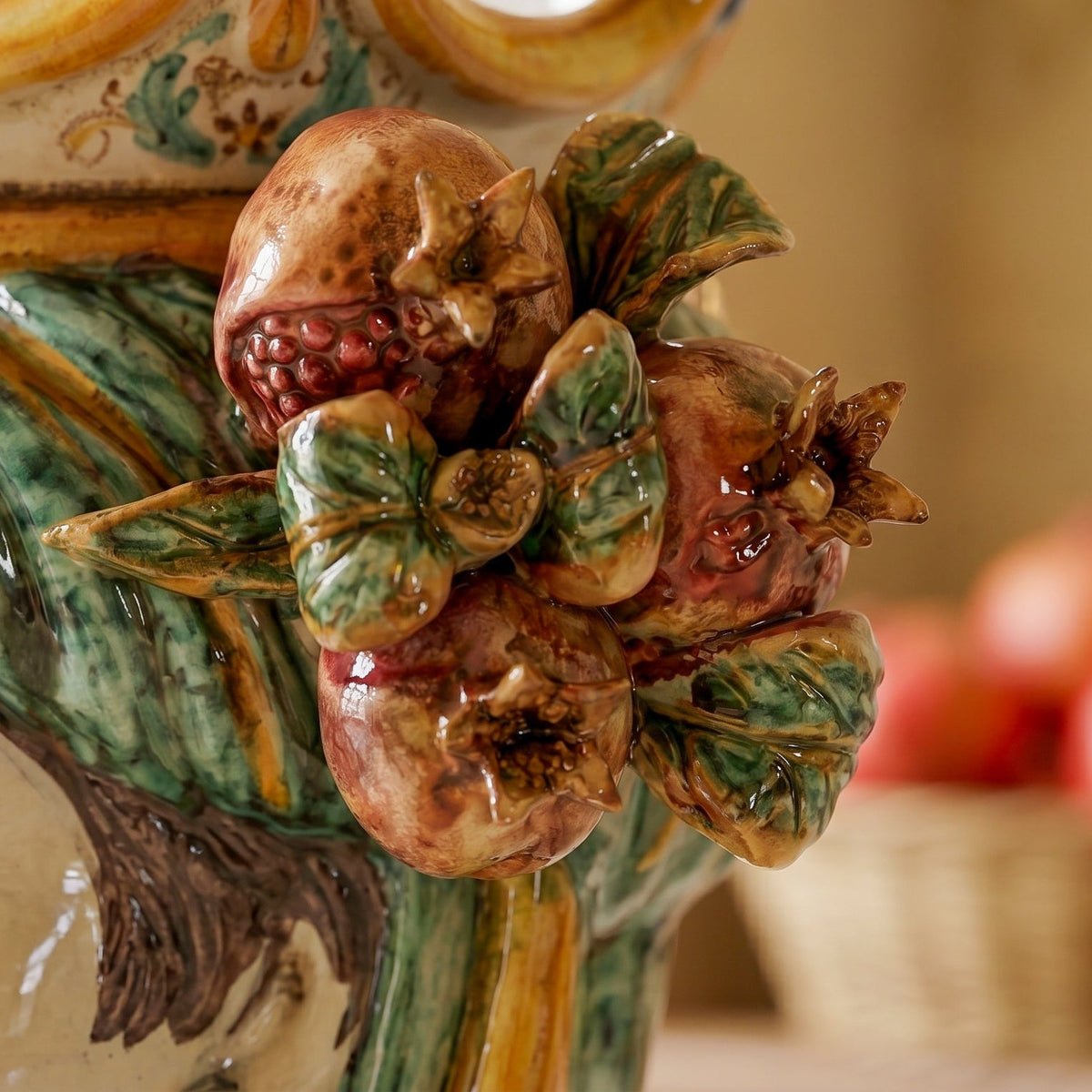 Testa di Moro with pomegranates, woman, green and orange, crown. Ceramiche Sofia, Caltagirone