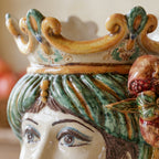 Testa di Moro with pomegranates, woman, green and orange, crown. Ceramiche Sofia, Caltagirone