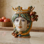 Testa di Moro with pomegranates, woman, green and orange, crown. Ceramiche Sofia, Caltagirone