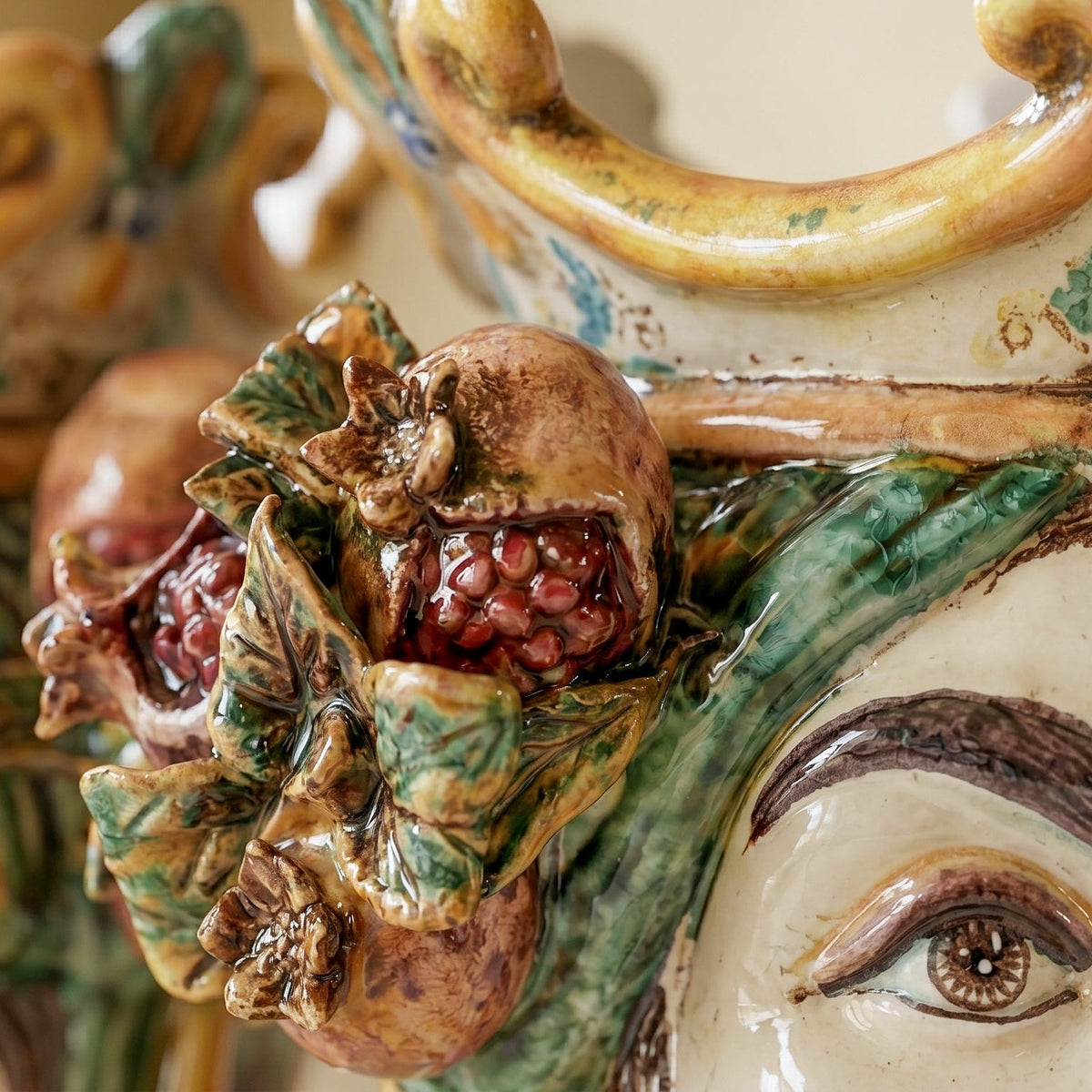 Testa di Moro with Pomegranates, White Male, green and orange, crown. Ceramiche Sofia, Caltagirone