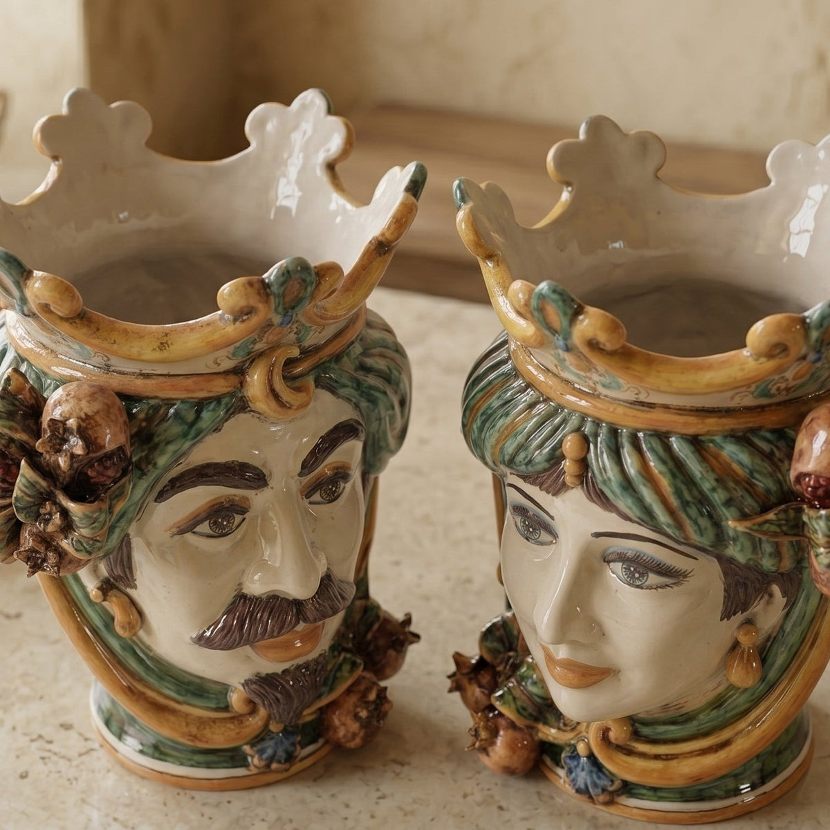 Testa di Moro with Pomegranates, White Male, green and orange, crown. Ceramiche Sofia, Caltagirone