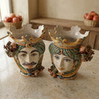 Testa di Moro with pomegranates, woman, green and orange, crown. Ceramiche Sofia, Caltagirone