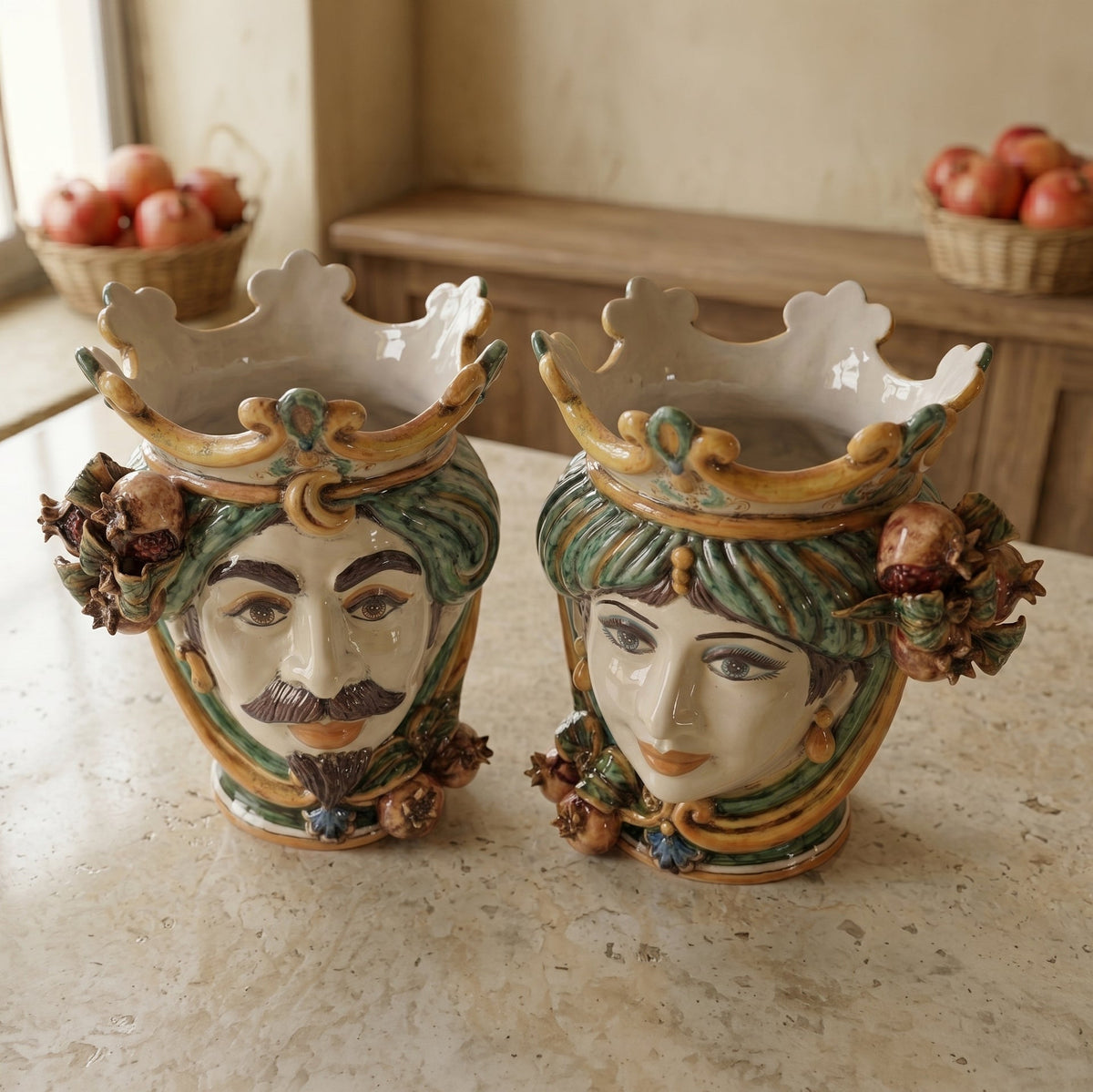 Testa di Moro with pomegranates, woman, green and orange, crown. Ceramiche Sofia, Caltagirone