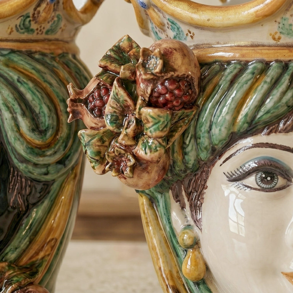 Testa di Moro with pomegranates, woman, green and orange, crown. Ceramiche Sofia, Caltagirone