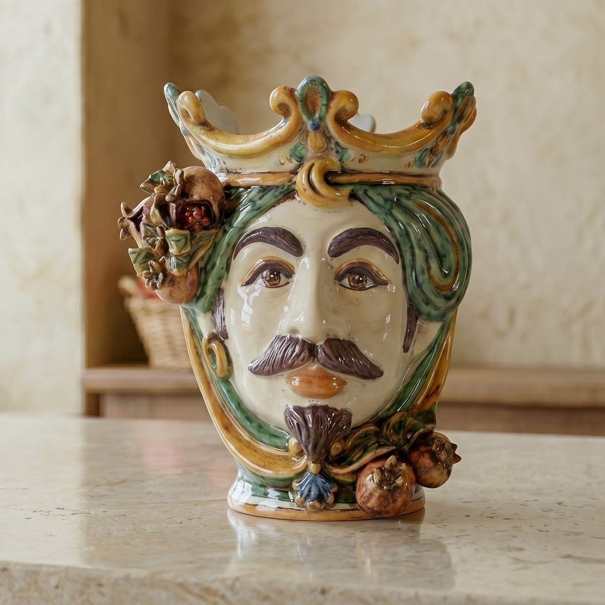 Testa di Moro with Pomegranates, White Male, green and orange, crown. Ceramiche Sofia, Caltagirone