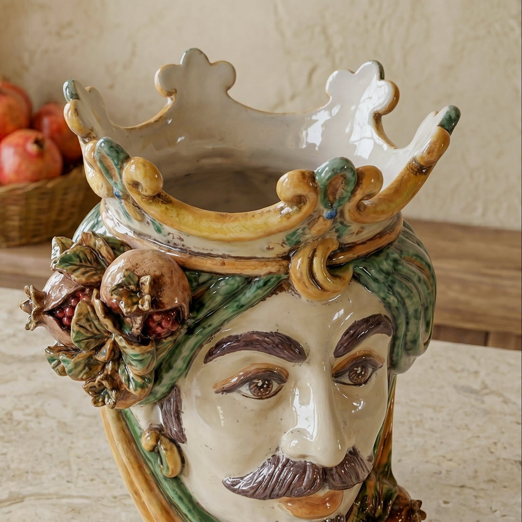 Testa di Moro with Pomegranates, White Male, green and orange, crown. Ceramiche Sofia, Caltagirone