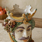 Testa di Moro with Pomegranates, White Male, green and orange, crown. Ceramiche Sofia, Caltagirone