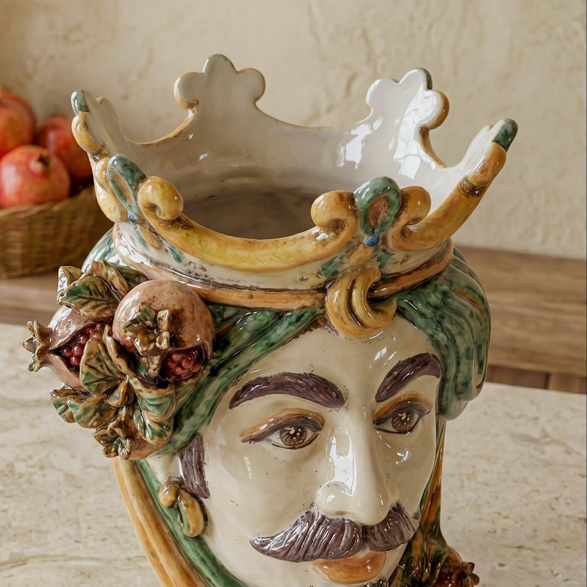 Testa di Moro with Pomegranates, White Male, green and orange, crown. Ceramiche Sofia, Caltagirone