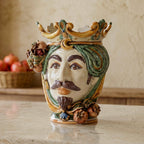 Testa di Moro with Pomegranates, White Male, green and orange, crown. Ceramiche Sofia, Caltagirone
