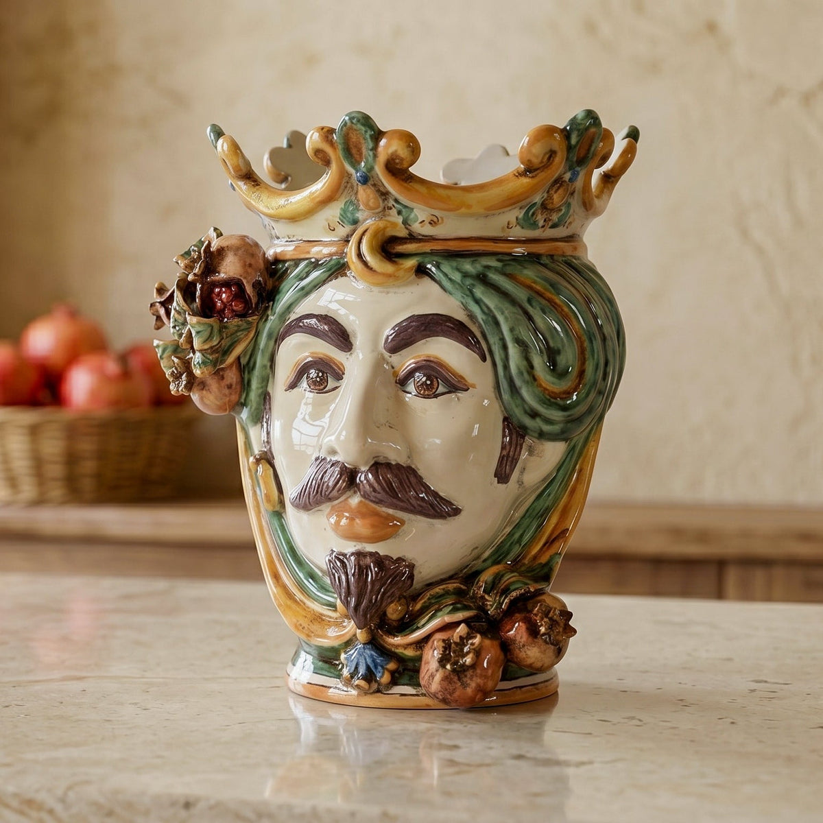 Testa di Moro with Pomegranates, White Male, green and orange, crown. Ceramiche Sofia, Caltagirone