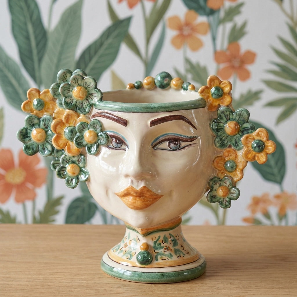 Testa di Moro with flowers, green and orange. Sicilian ceramics from Caltagirone, Sofia