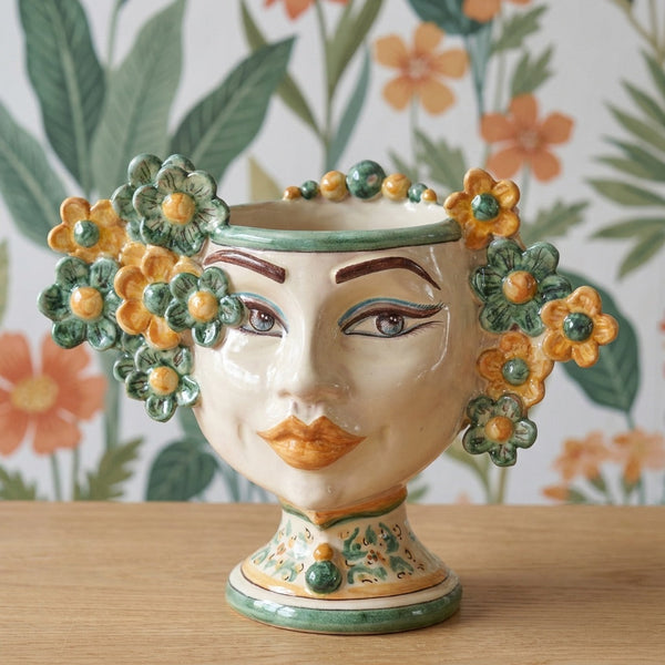 Testa di Moro with Flowers h 20 cm / 7¾", Green and Orange