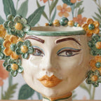 Testa di Moro with flowers, green and orange. Sicilian ceramics from Caltagirone, Sofia