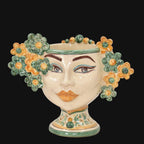 Testa di Moro with flowers, green and orange. Sicilian ceramics from Caltagirone, Sofia