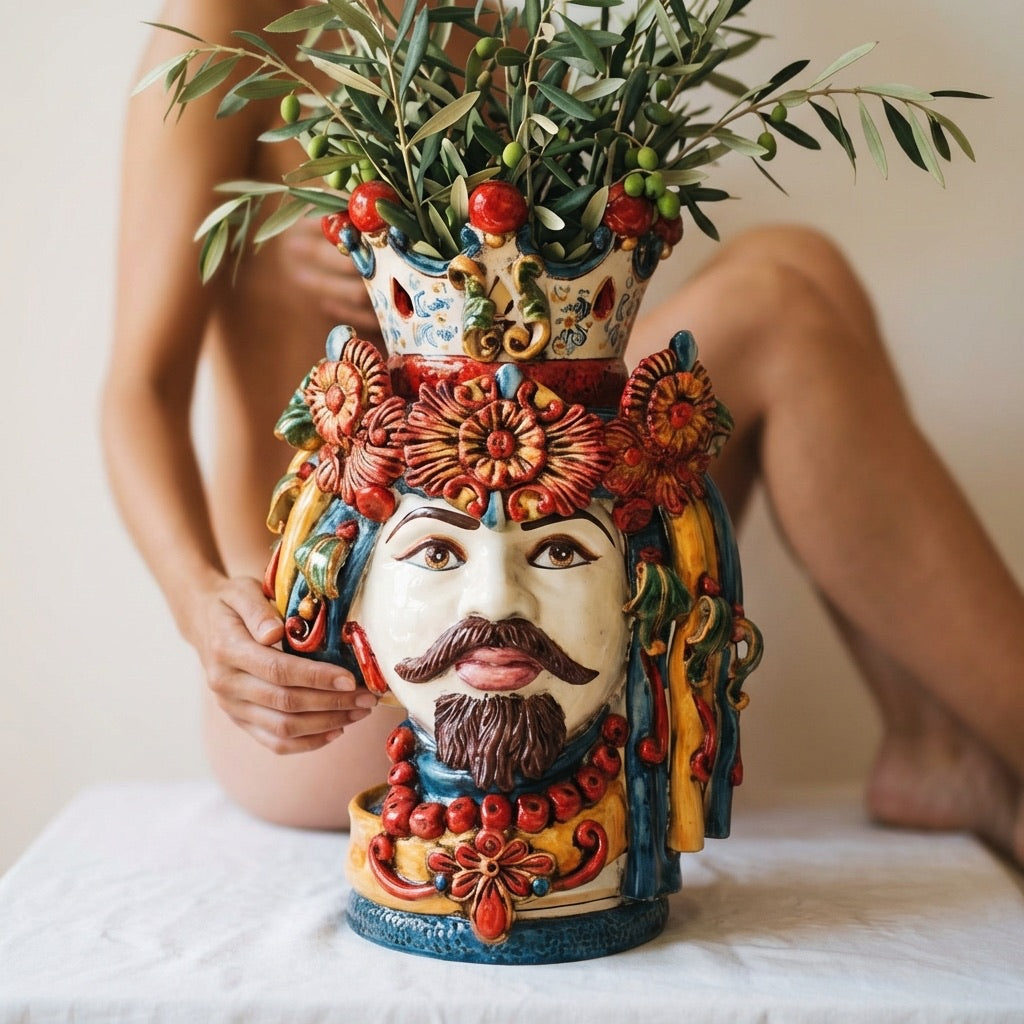 Testa di Moro with Turban, White Male, Decoro Sicily. Sicilian ceramics from Caltagirone, Sofia