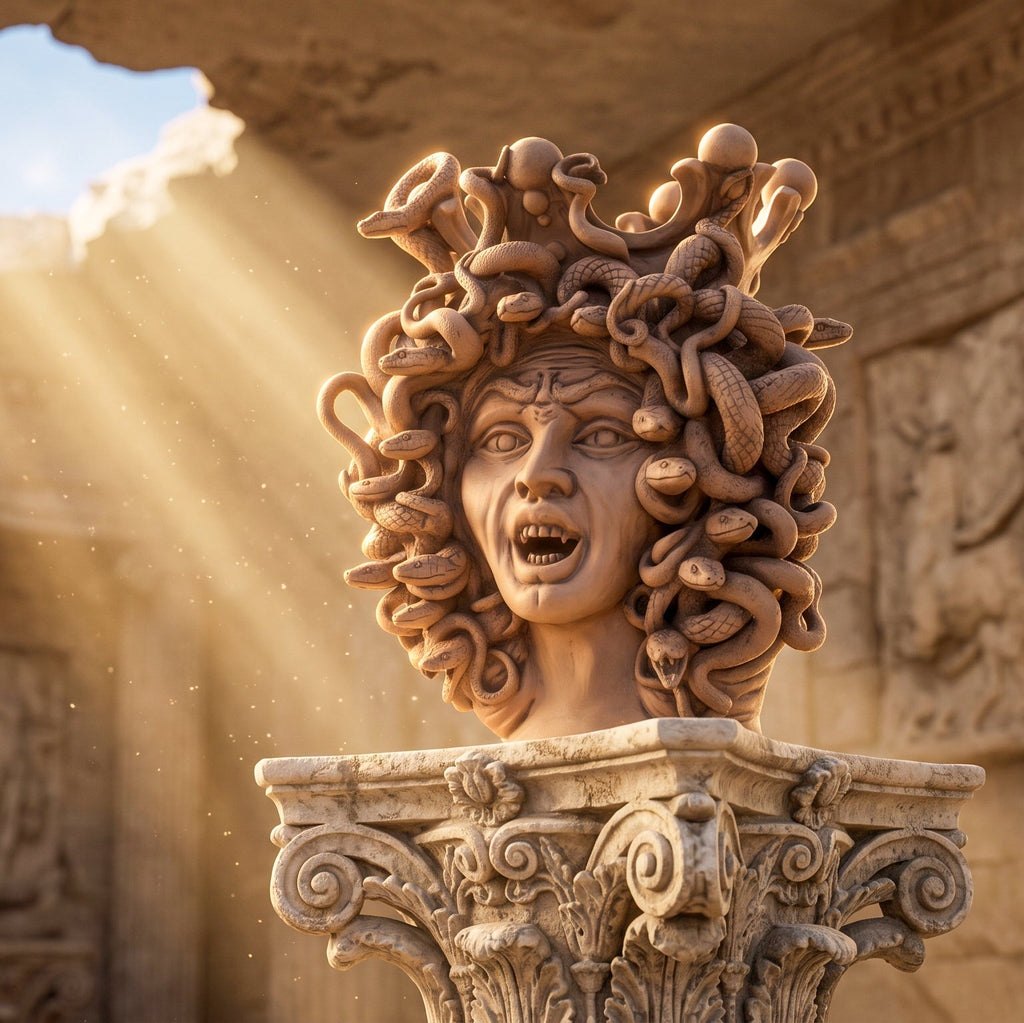 38 cm Medusa head in antiqued terracotta with open mouth, on a Corinthian capital