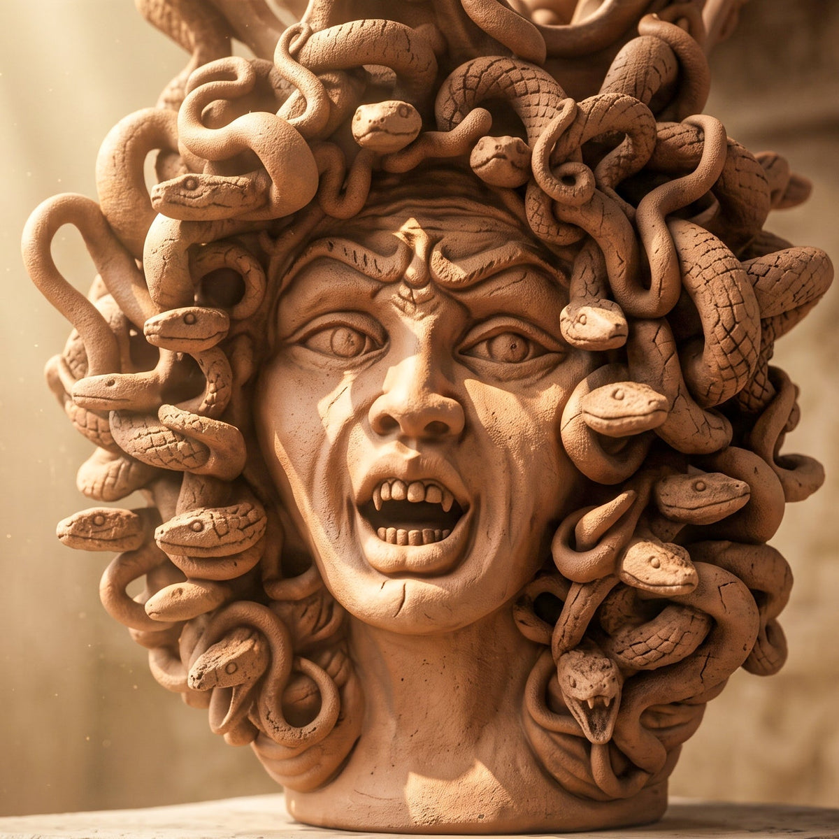 Medusa head in antiqued terracotta: screaming face and hand-modelled snakes