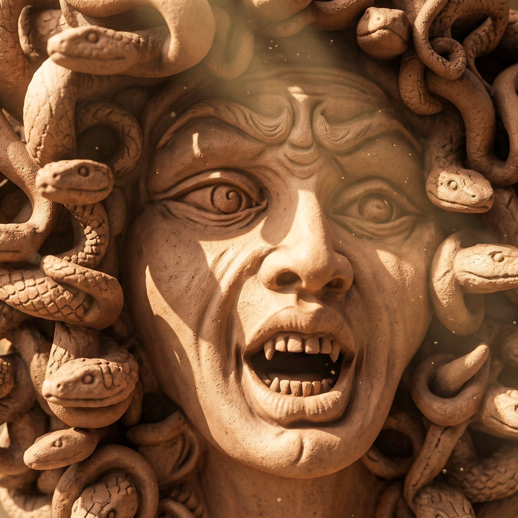 Detail of the terracotta Medusa face: wide-open eyes and teeth in relief