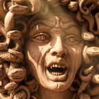 Detail of the terracotta Medusa face: wide-open eyes and teeth in relief