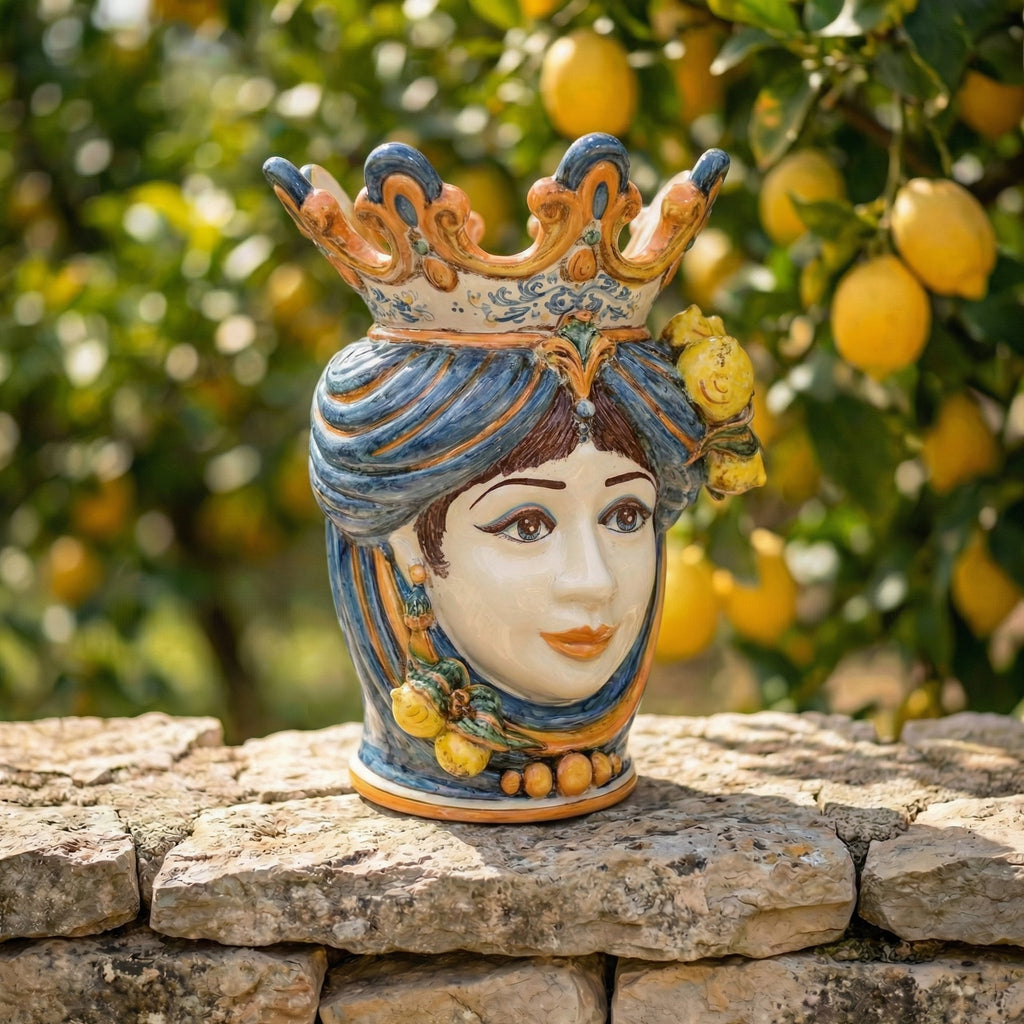 Testa di Moro with Lemons, Woman, Blue and Orange. Ceramiche Sofia, Caltagirone