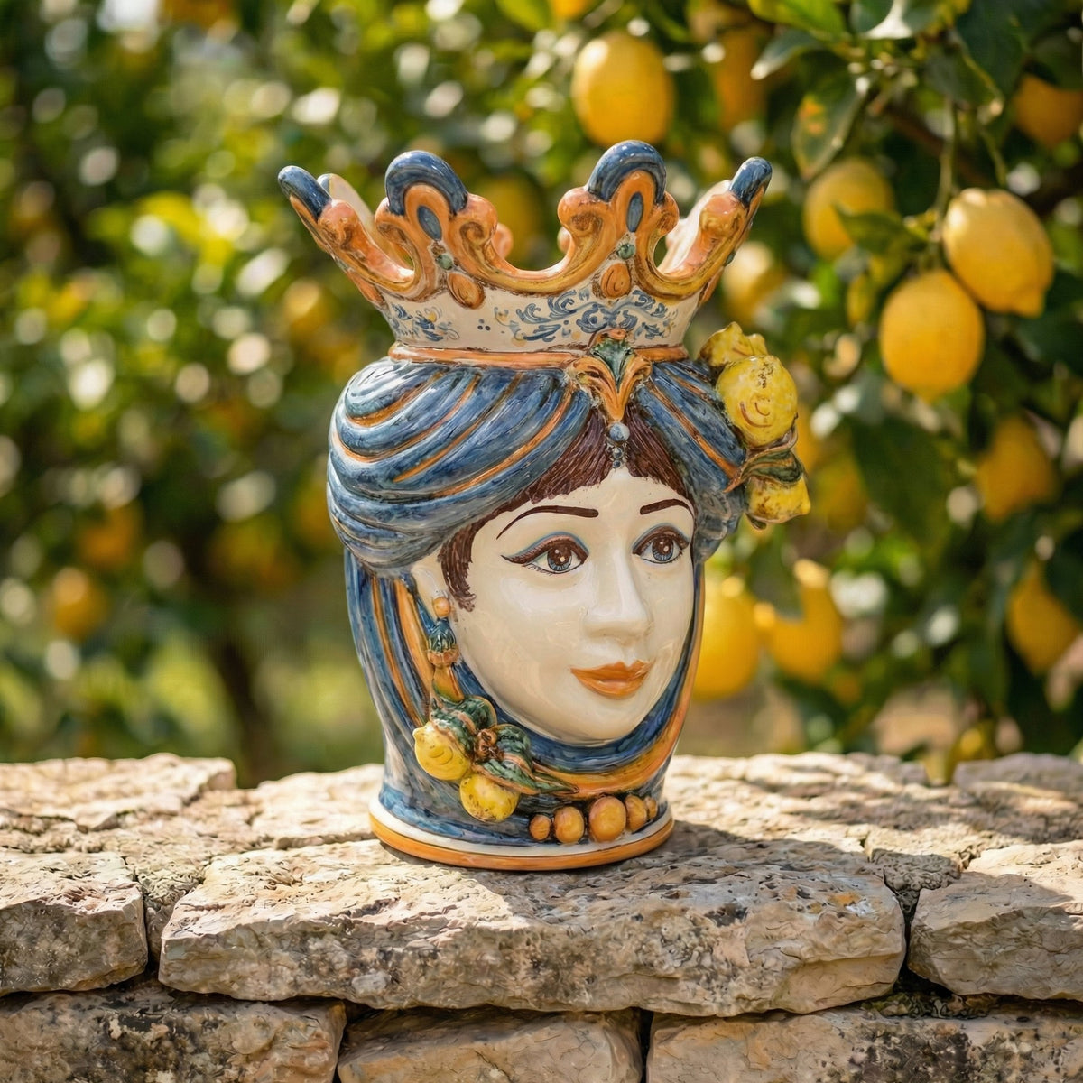Testa di Moro with Lemons, Woman, Blue and Orange. Ceramiche Sofia, Caltagirone
