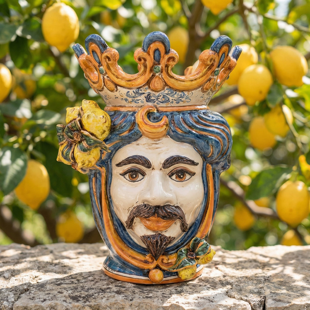 Testa di Moro with Lemons, White Male, Blue and Orange. Ceramiche Sofia, Caltagirone