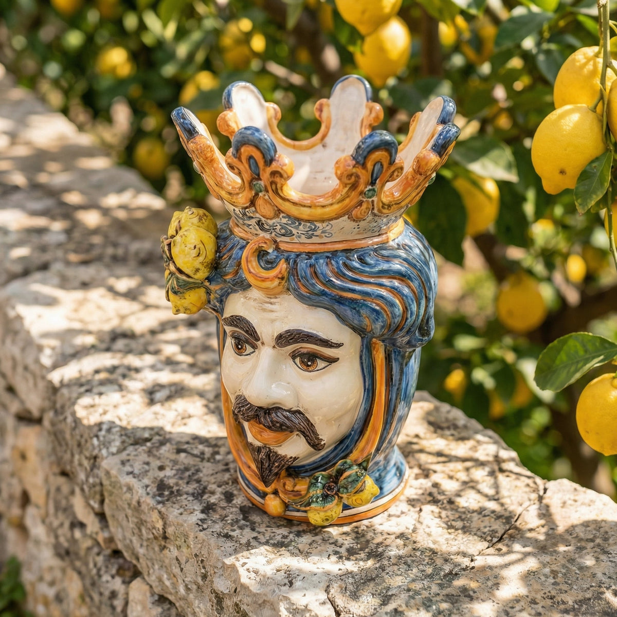 Testa di Moro with Lemons, White Male, Blue and Orange. Ceramiche Sofia, Caltagirone