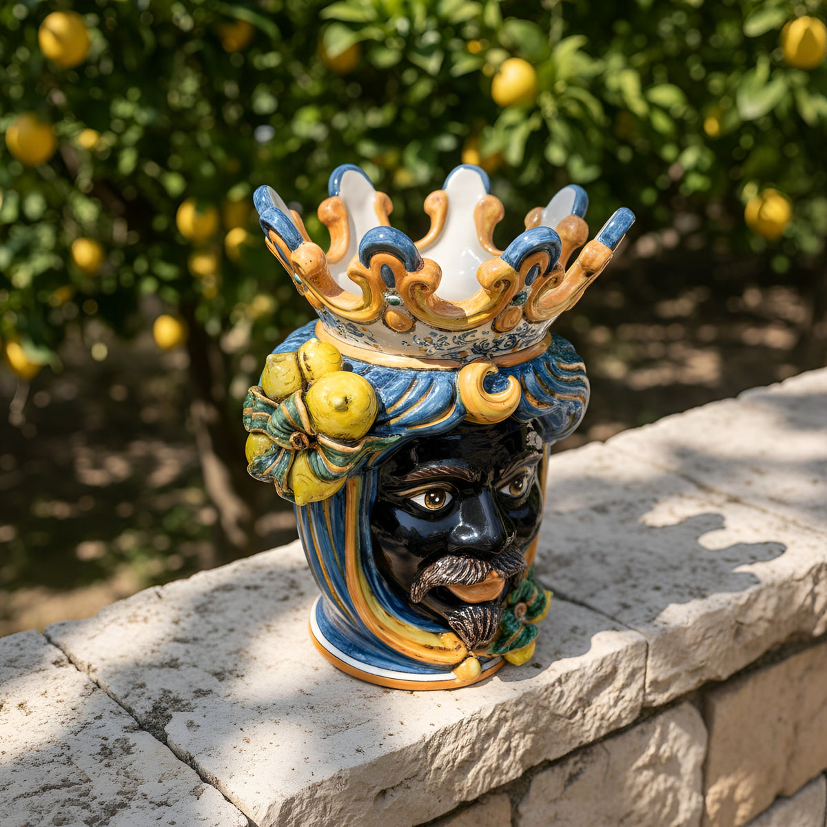 Testa di Moro with lemons, Moor male, blue and orange. Sicilian ceramics from Caltagirone, Sofia