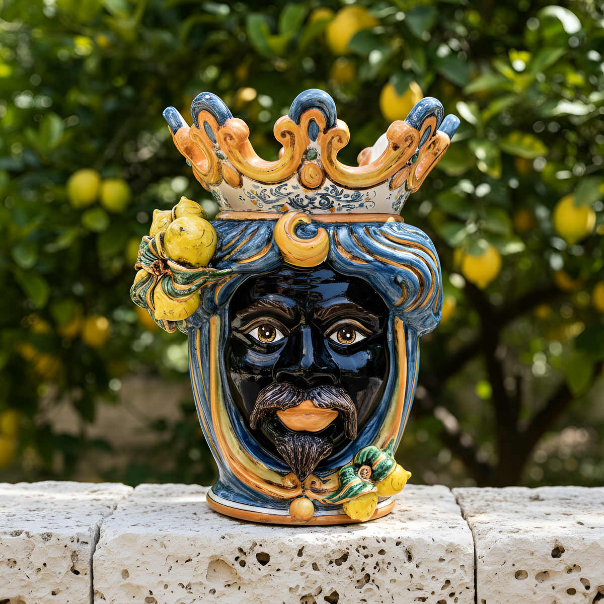 Testa di Moro with lemons, Moor male, blue and orange. Sicilian ceramics from Caltagirone, Sofia
