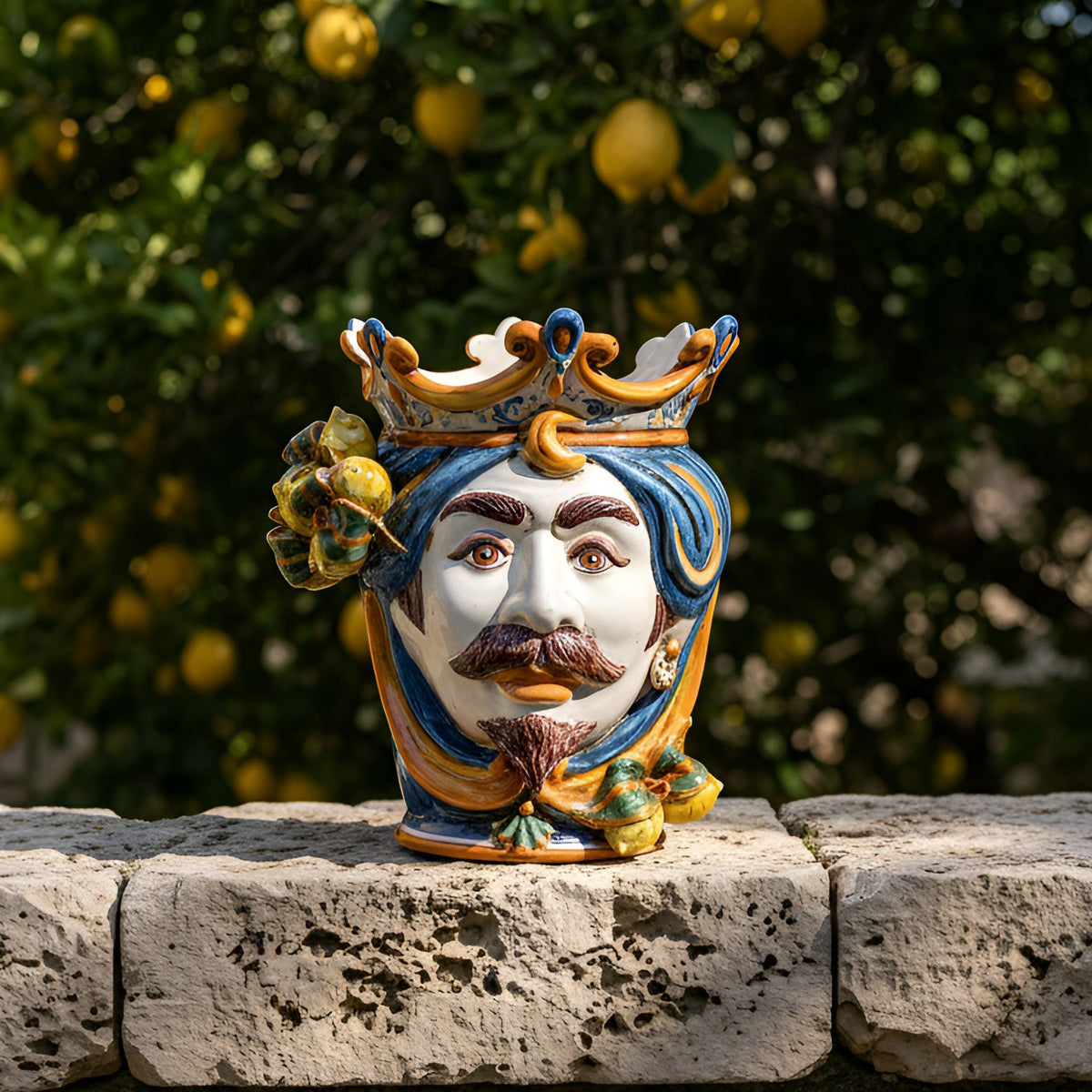 Testa di Moro with Lemons, White Male, blue and orange, crown. Sicilian ceramics from Caltagirone, Sofia