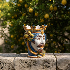 Testa di Moro with Lemons, White Male, blue and orange, crown. Sicilian ceramics from Caltagirone, Sofia