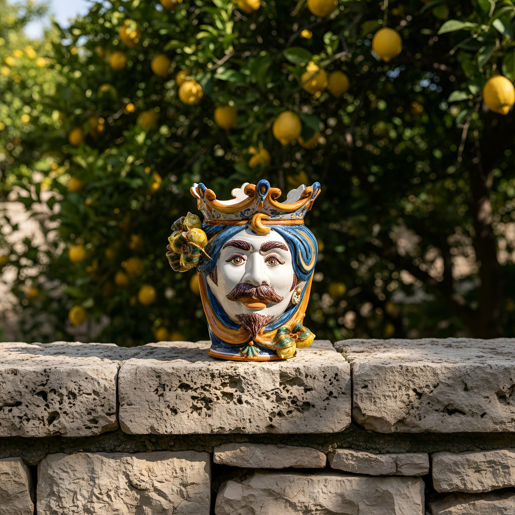 Testa di Moro with Lemons, White Male, blue and orange, crown. Sicilian ceramics from Caltagirone, Sofia