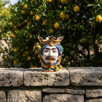 Testa di Moro with Lemons, White Male, blue and orange, crown. Sicilian ceramics from Caltagirone, Sofia