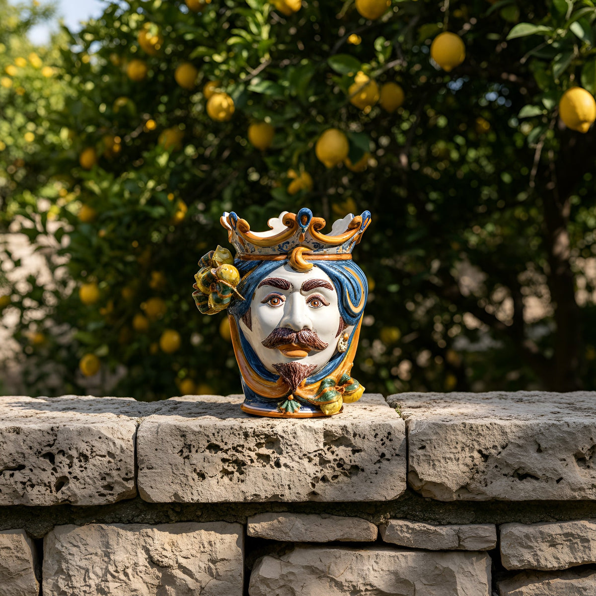 Testa di Moro with Lemons, White Male, blue and orange, crown. Sicilian ceramics from Caltagirone, Sofia