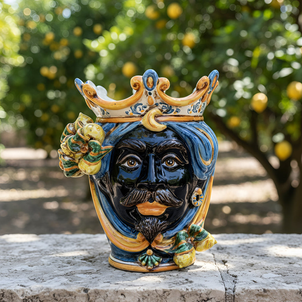 Testa di Moro with lemons, Moor male, blue and orange, crown. Ceramiche Sofia, Caltagirone