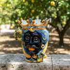 Testa di Moro with lemons, Moor male, blue and orange, crown. Ceramiche Sofia, Caltagirone