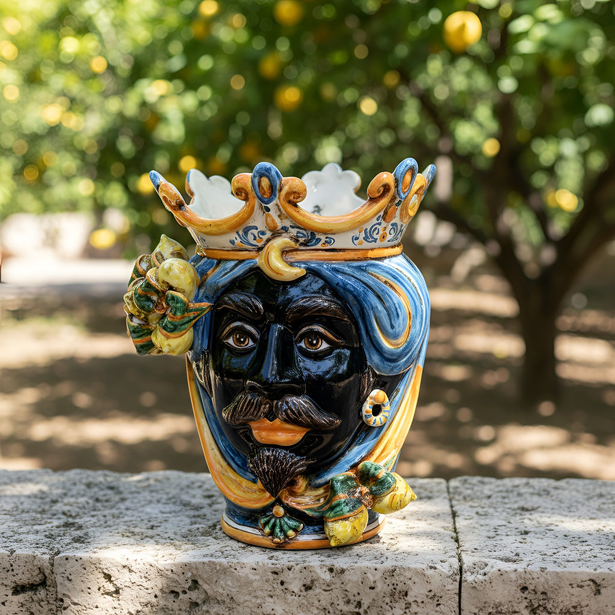 Testa di Moro with lemons, Moor male, blue and orange, crown. Ceramiche Sofia, Caltagirone