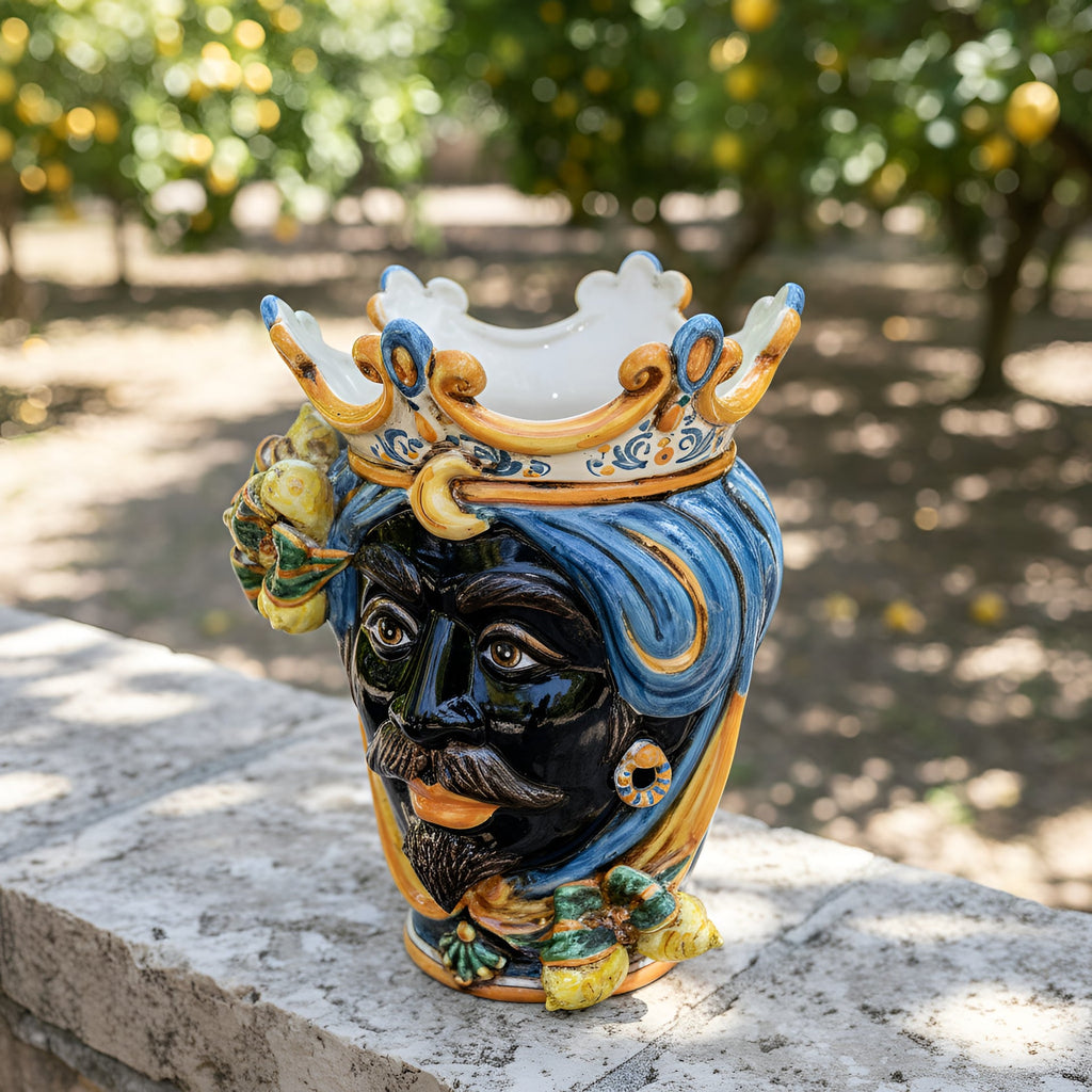 Testa di Moro with lemons, Moor male, blue and orange, crown. Ceramiche Sofia, Caltagirone