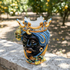Testa di Moro with lemons, Moor male, blue and orange, crown. Ceramiche Sofia, Caltagirone