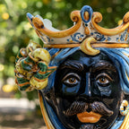 Testa di Moro with lemons, Moor male, blue and orange, crown. Ceramiche Sofia, Caltagirone