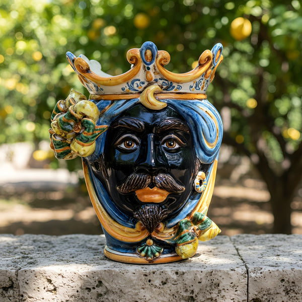 Testa di Moro with Lemons h 25 cm / 9¾", Moor Male, Blue and Orange