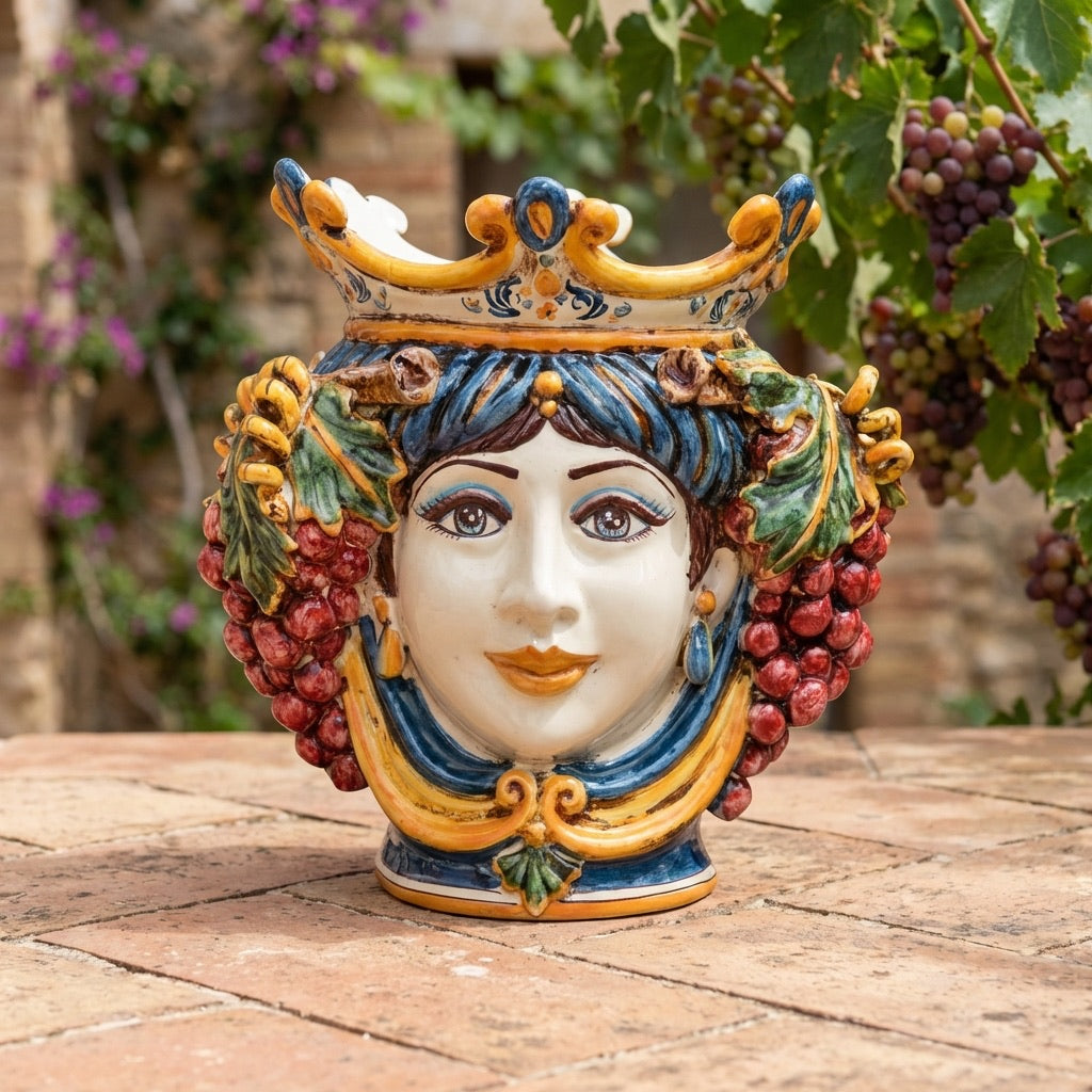 Testa di Moro with Grapes, Woman, blue and orange. Sicilian ceramics from Caltagirone, Sofia