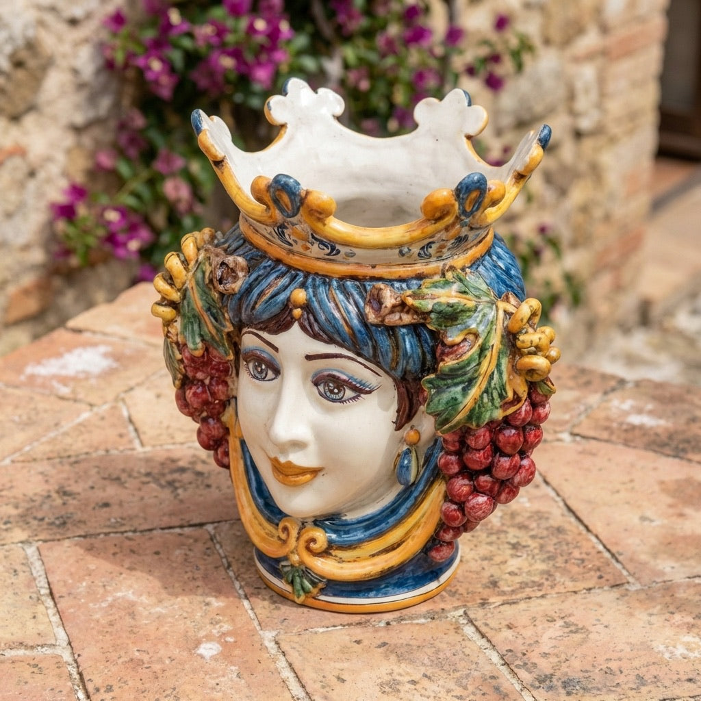 Testa di Moro mit Trauben, Frau, Blau und Orange. Sizilianische Keramik aus Caltagirone, Sofia