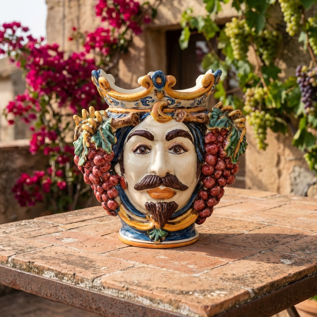 Testa di Moro with grapes, white male, blue and orange. Sicilian ceramics from Caltagirone, Sofia